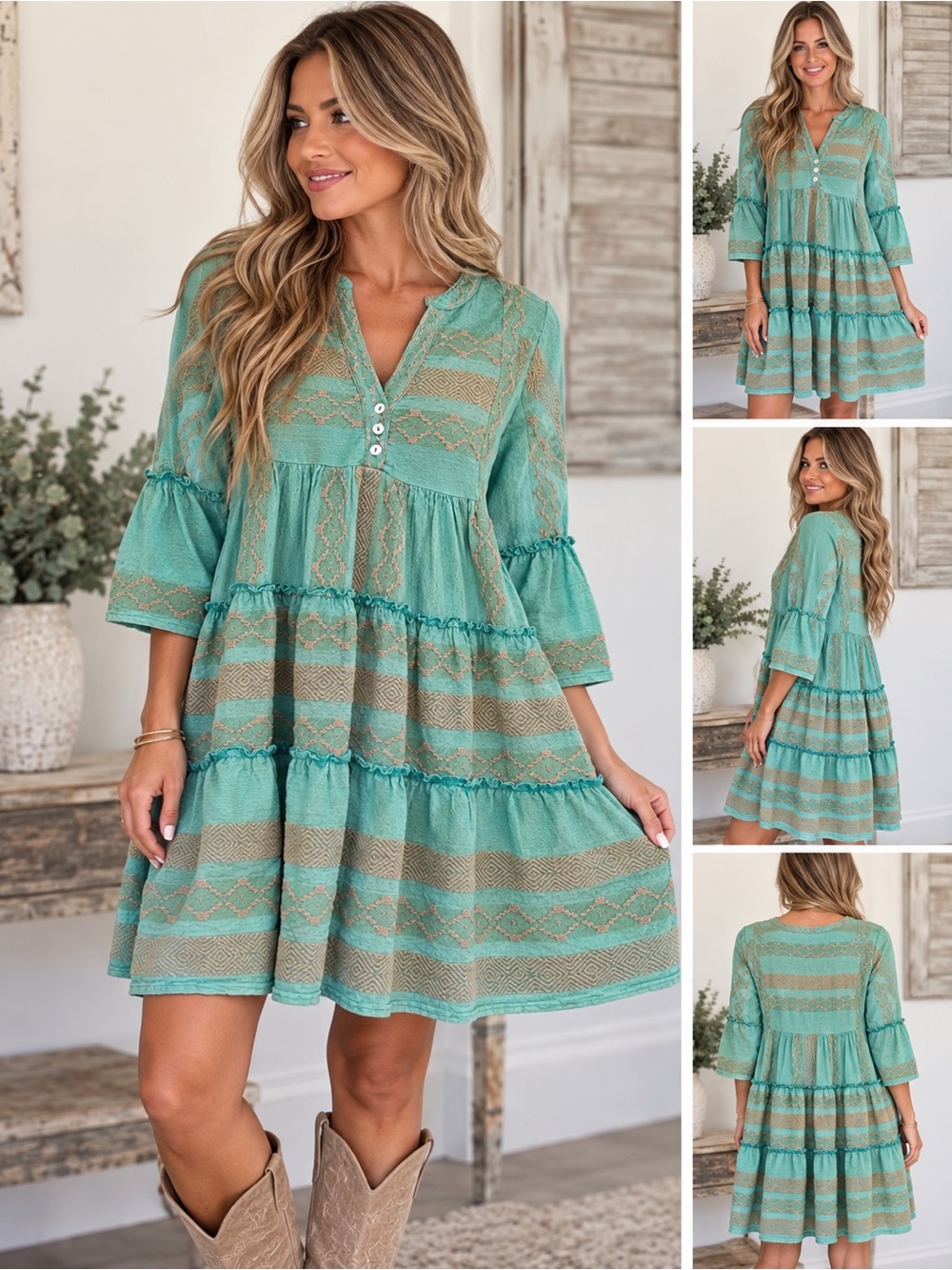 Ble Turquoise Boho Embroidered Tiered Babydoll Dress One Size